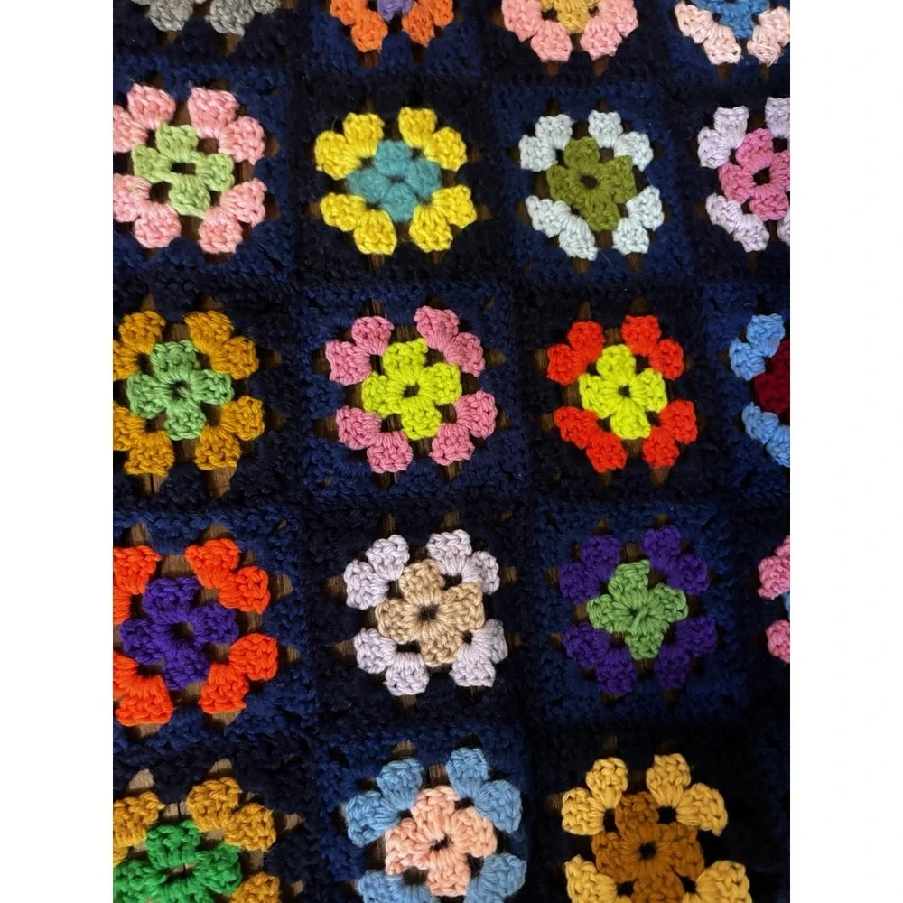 VTG Granny Square Afghan Crochet Throw Blanket Connor's Multi-Color Fringe